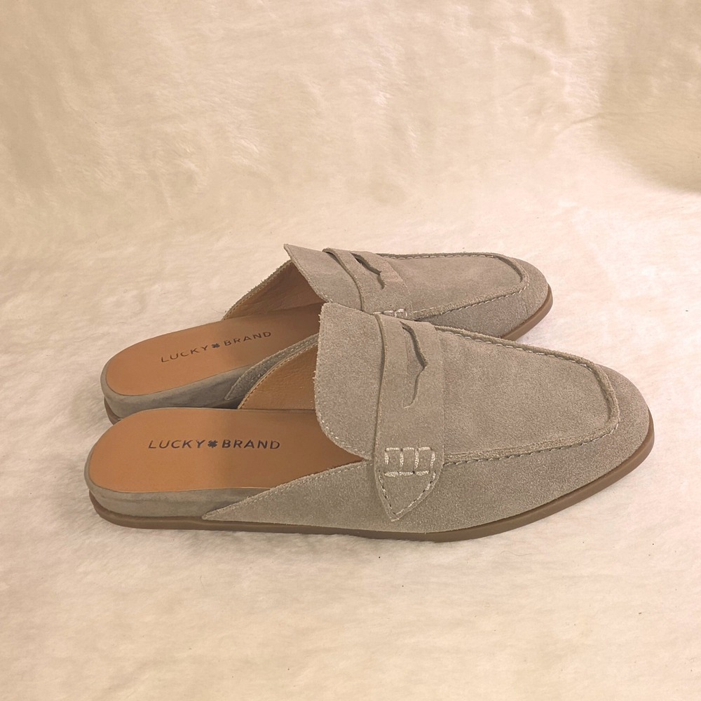 Lucky Brand Patsie Loafer Flats Mules Taupe Suede Slip On Women 8.5 Excellent